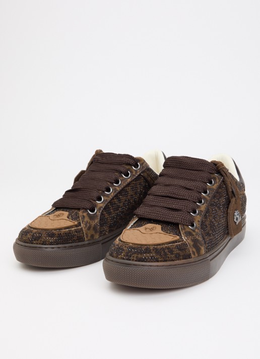 Kurt Geiger Southbank Tag sneaker van suède met panterprint en strass - detail 3 donkerbruin