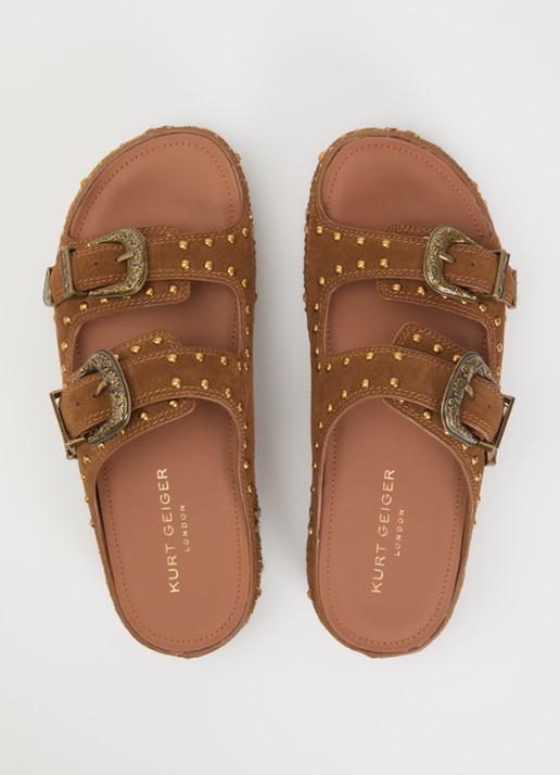 Kurt Geiger Western Buckle Flatform sandaal van suède met studs - detail 3 bruin