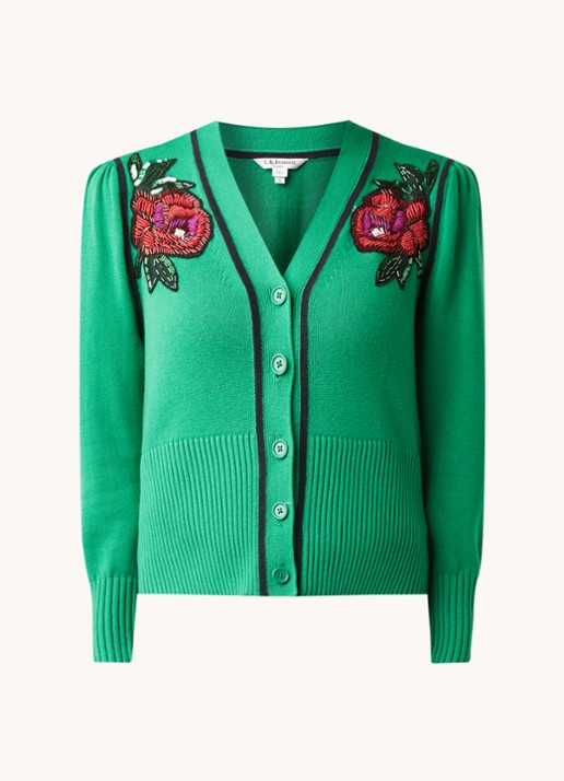 L.K.Bennett Elsie vest in wolblend met kralendecoratie - voorkant groen