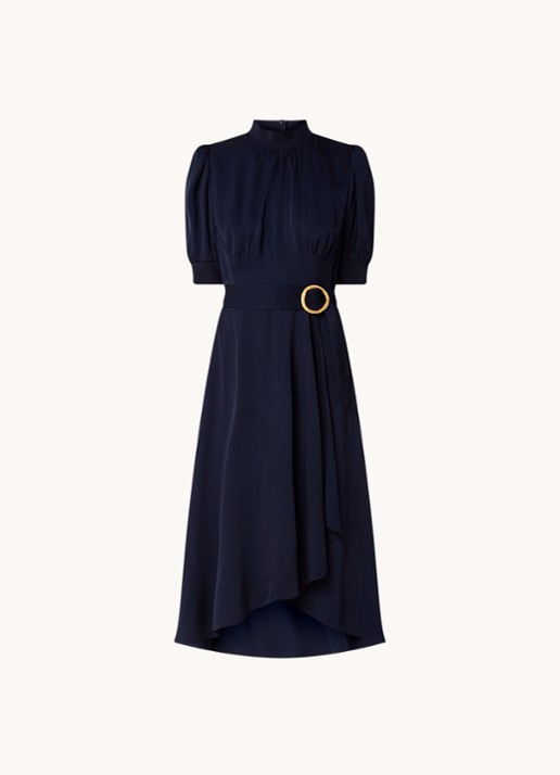 L.K.Bennett Violet midi jurk met pofmouw en ceintuur - voorkant blauw
