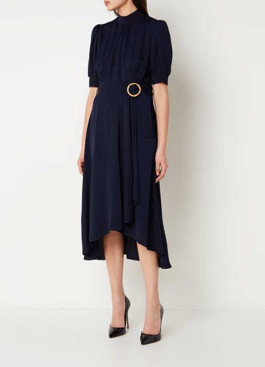 L.K.Bennett Violet midi jurk met pofmouw en ceintuur - voorkant 2 blauw