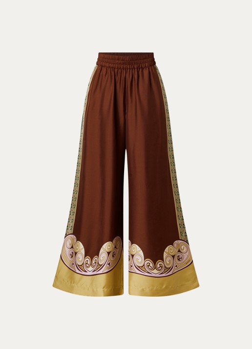 La DoubleJ Palazzo high waist wide fit broek van zijde met print - voorkant 3 roodbruin