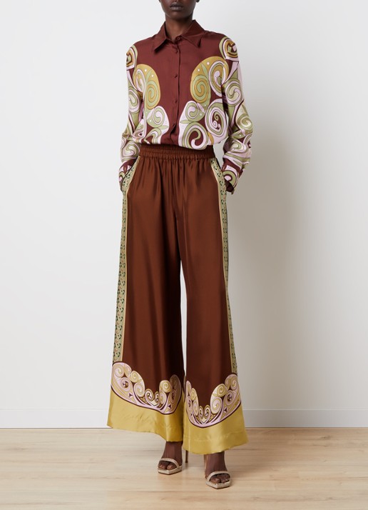 La DoubleJ Palazzo high waist wide fit broek van zijde met print - voorkant 4 roodbruin