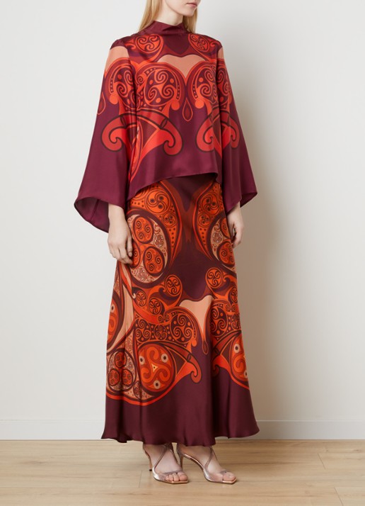 La DoubleJ Sleek maxi rok van zijde met print - voorkant 3 donkerrood