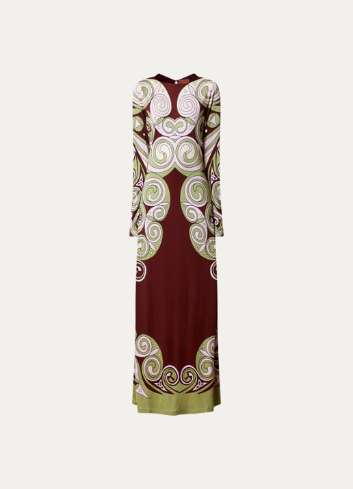 La DoubleJ Slinky Swing maxi jurk van jersey met print - voorkant 3 roodbruin