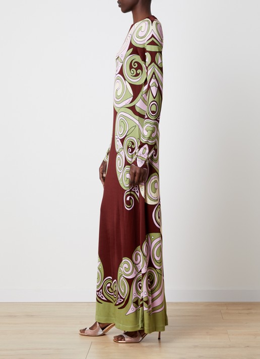 La DoubleJ Slinky Swing maxi jurk van jersey met print - voorkant 4 roodbruin