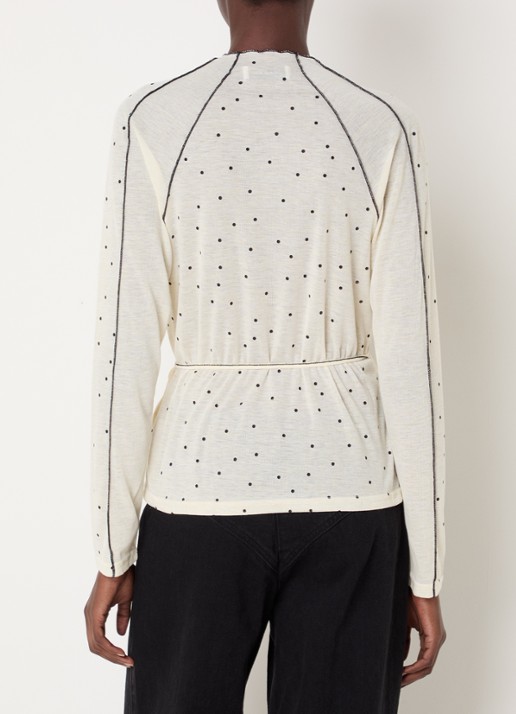 Laagam Harper semi-transparante longsleeve met stippenprint en ceintuur - achterkant 3 gebroken wit