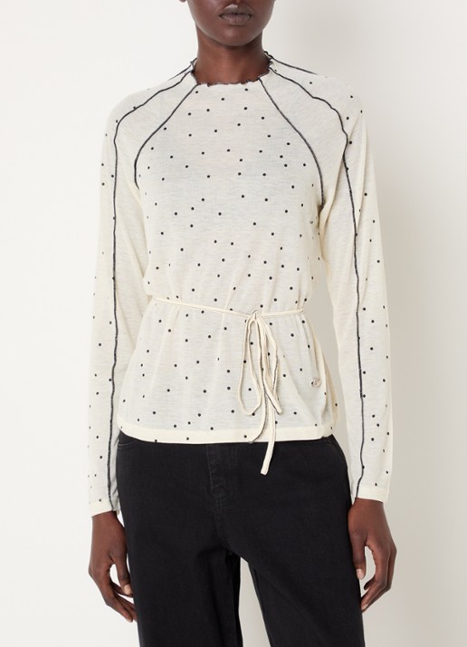 Laagam Harper semi-transparante longsleeve met stippenprint en ceintuur - detail 4 gebroken wit