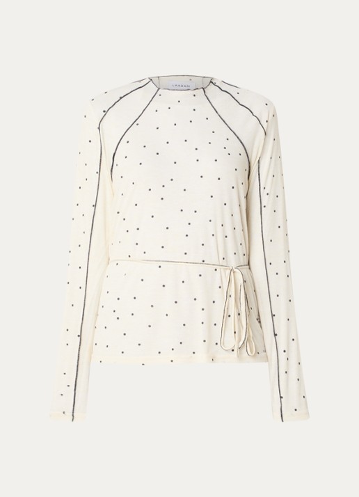 Laagam Harper semi-transparante longsleeve met stippenprint en ceintuur - voorkant gebroken wit