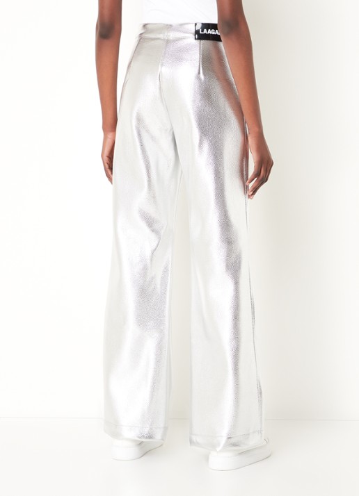 Laagam High waist wide fit broek van imitatieleer met metallic finish - achterkant zilver