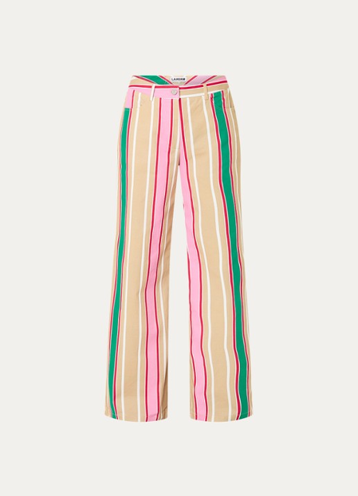 Laagam Leroy mid waist straight fit broek met streepprint - voorkant beige
