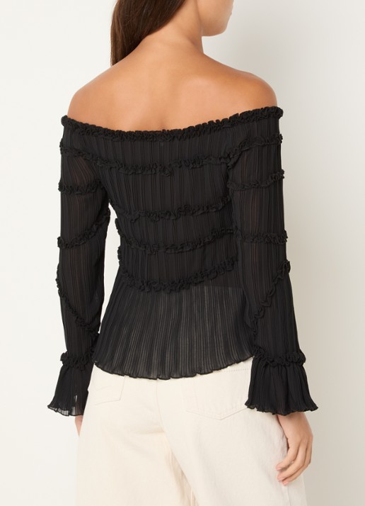 Laagam Petra semi-transparante off shoulder top met plissé en volant - achterkant 4 zwart