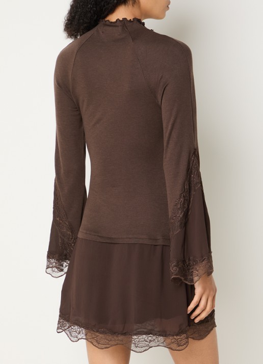 Laagam Siss mini jurk in wolblend met details van kant - achterkant 3 donkerbruin