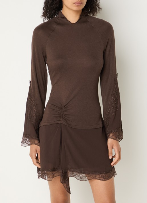 Laagam Siss mini jurk in wolblend met details van kant - detail 4 donkerbruin