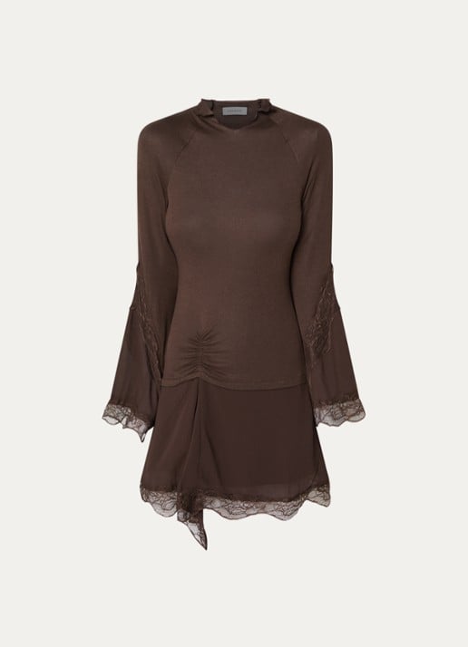Laagam Siss mini jurk in wolblend met details van kant - voorkant donkerbruin