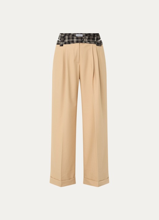 Laagam Smith high waist wide fit pantalon met ruitdessin - voorkant 3 zand