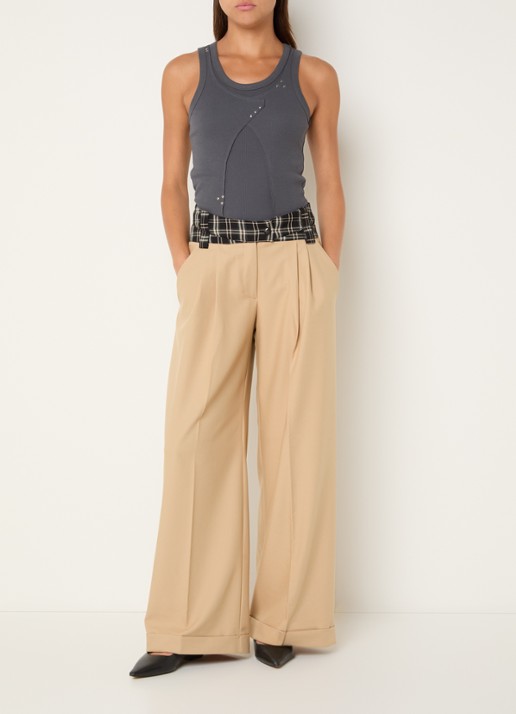 Laagam Smith high waist wide fit pantalon met ruitdessin - voorkant 4 zand