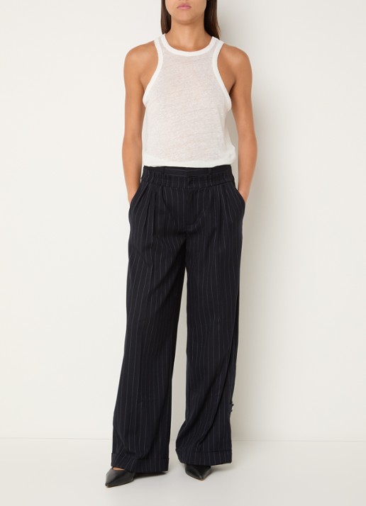 Laagam Stella high waist loose fit pantalon met krijtstreep - voorkant 3 donkerblauw