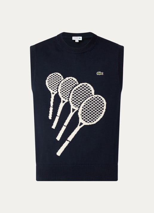 Lacoste Fijngebreide pullover met logo - voorkant donkerblauw