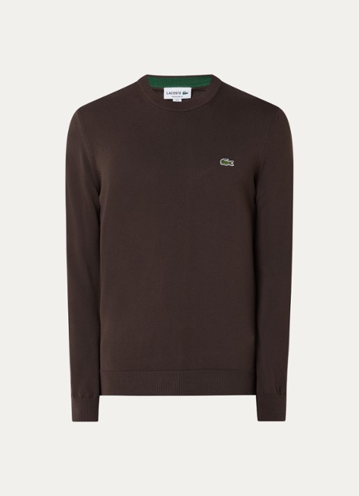 Lacoste Fijngebreide pullover met logo - voorkant 2 donkerbruin