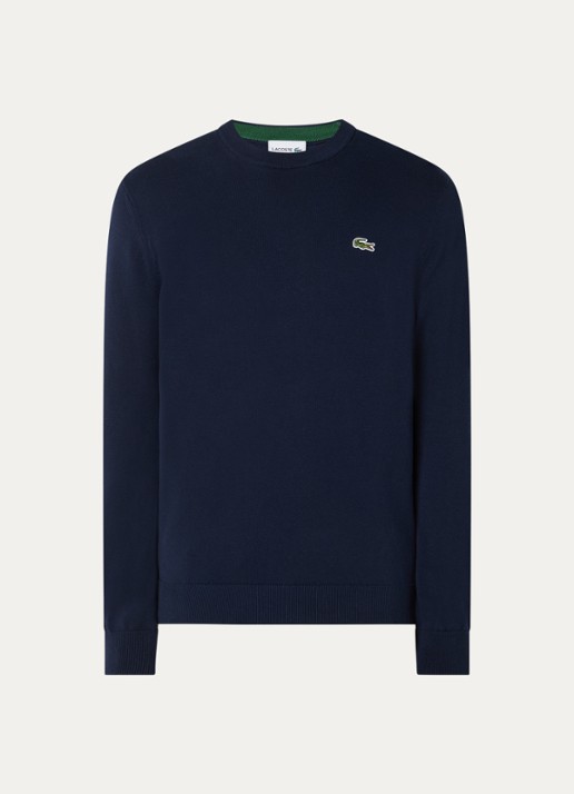 Lacoste Fijngebreide pullover met logo - voorkant 3 donkerblauw