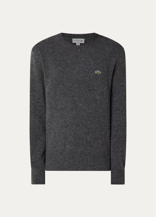 Lacoste Fijngebreide trui van wol met logo - voorkant grijsmele