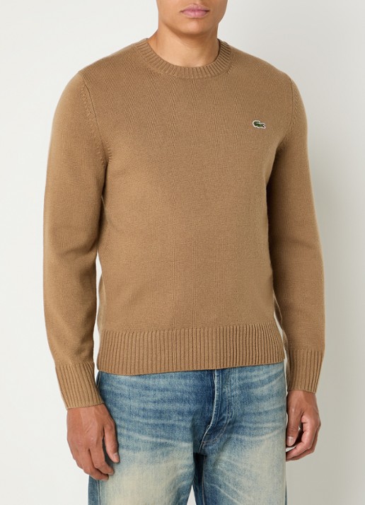Lacoste Fijngebreide trui van wol met logo - detail 4 zand