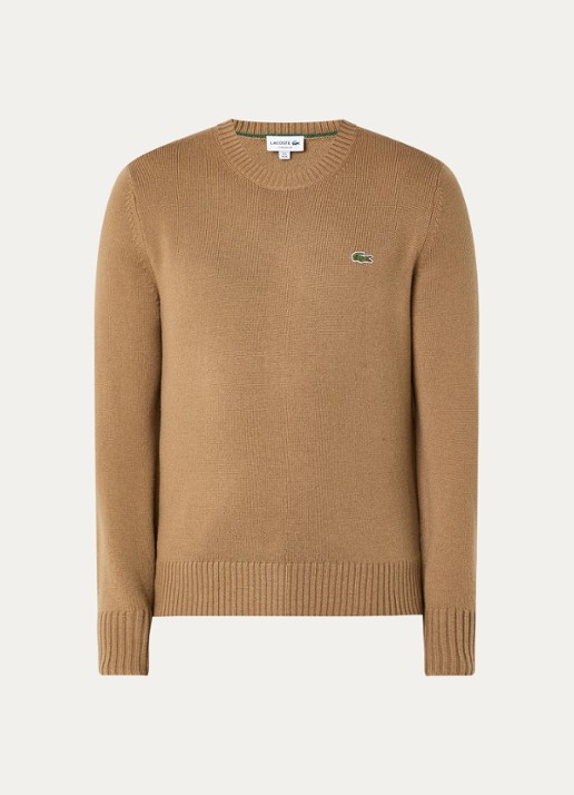Lacoste Fijngebreide trui van wol met logo - voorkant zand