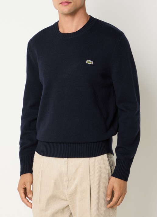 Lacoste Fijngebreide trui van wol  - detail donkerblauw
