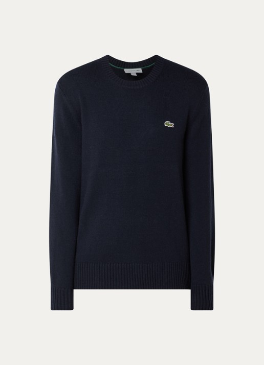 Lacoste Fijngebreide trui van wol  - voorkant 3 donkerblauw