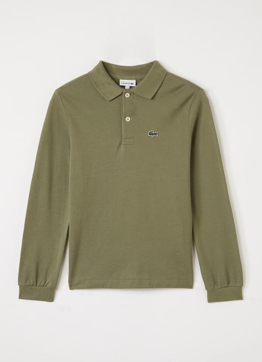 Lacoste Polo van piqué katoen met logoborduring - voorkant olijfgroen