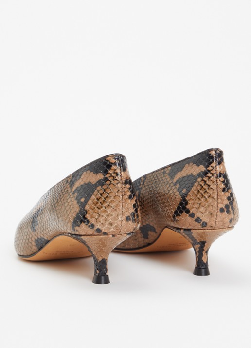 Le Monde Béryl Babouche pump van kalfsleer met slangenprint en -structuur - achterkant 4 roestbruin