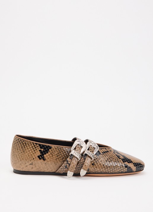Le Monde Béryl Classic Claudia ballerina van kalfsleer met slangenprint en gespdetail - voorkant 4 lichtbruin