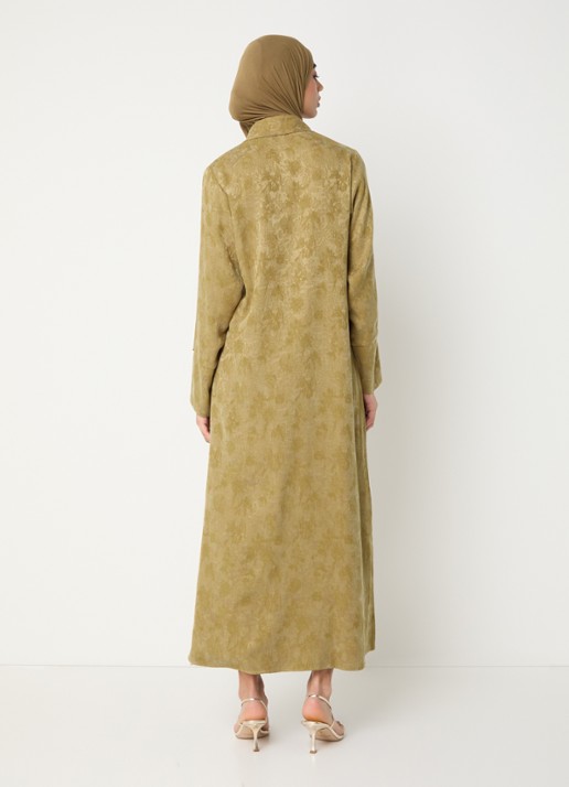LES Atelier Kiara maxi jurk met jacquard dessin en V-hals - achterkant 3 okergeel