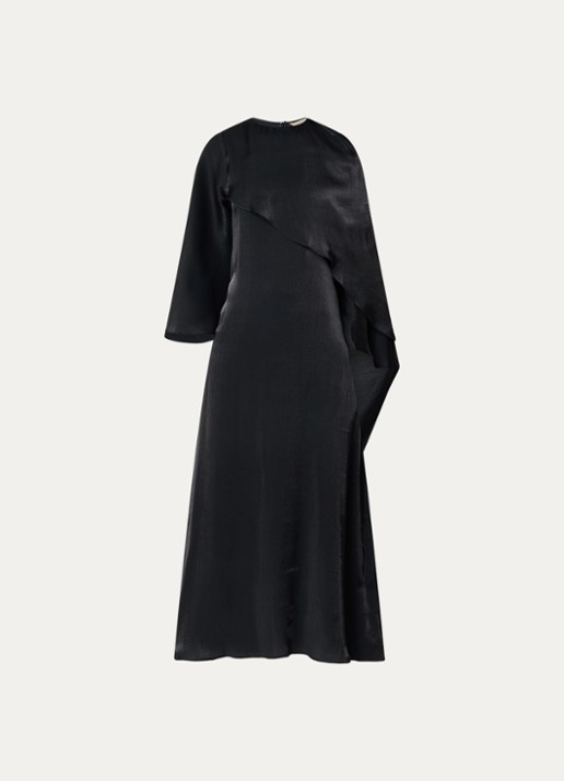 LES Atelier Lamia maxi jurk van satijn met sjaalkraag - voorkant zwart