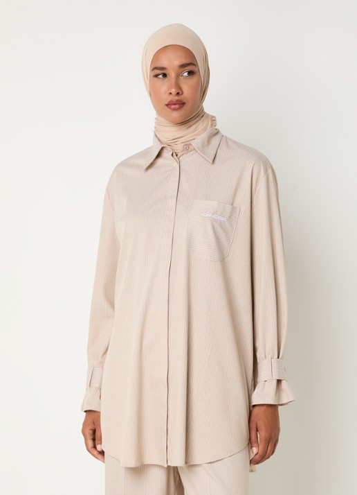 LES Atelier Salmia blouse met borstzak en streepprint - detail 2 khaki