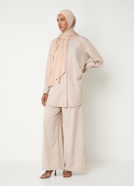LES Atelier Salmia blouse met borstzak en streepprint - voorkant 5 khaki