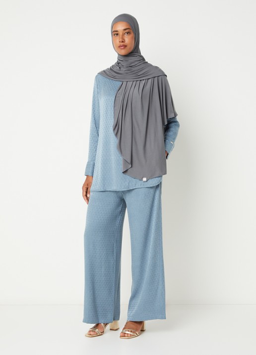 LES Atelier Sana high waist straight fit broek met structuur - voorkant 2 staalblauw