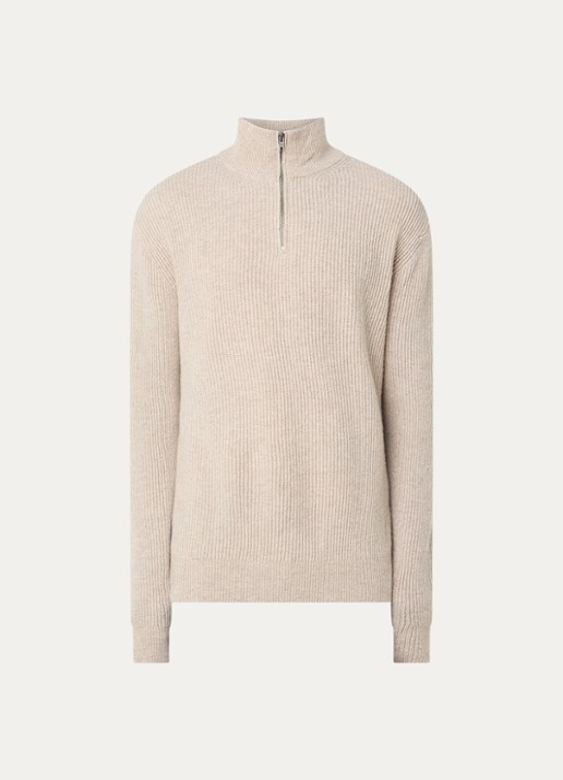 Les Deux Eduard grofgebreide trui van wol met halve rits - voorkant 3 beige