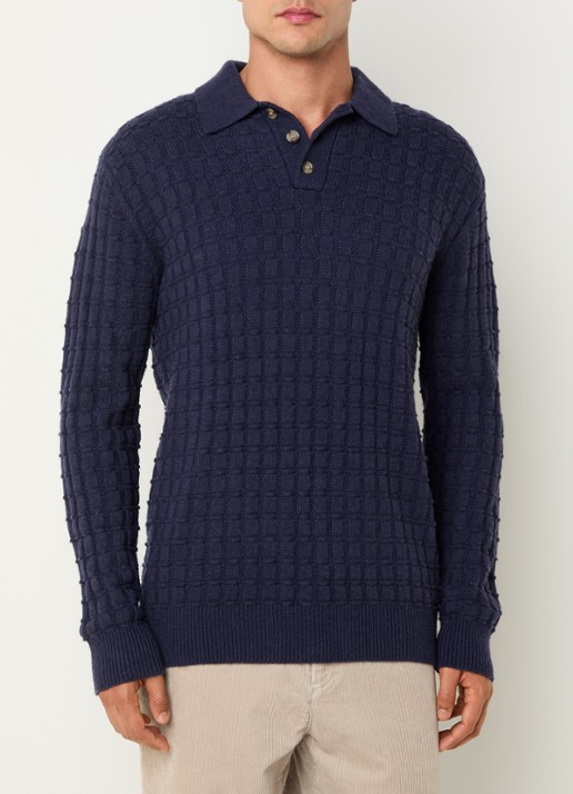 Les Deux Gustav grofgebreide regular fit polo in wolblend