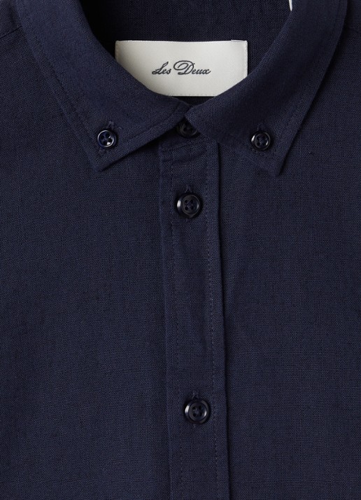 Les Deux Konrad overhemd in linnenblend - detail 3 donkerblauw