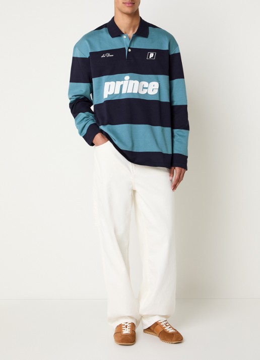 Les Deux Prince oversized fit polo met borduring en streepprint - voorkant 3 donkerblauw