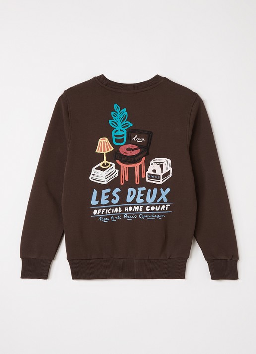 Les Deux Sweater met logo- en backprint - voorkant 2 donkerbruin