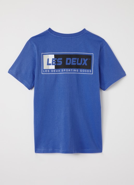 Les Deux T-shirt met logo- en backprint - voorkant 2 blauw