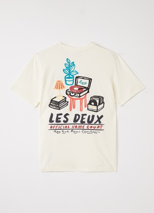 Les Deux T-shirt met logo- en backprint - voorkant 2 gebroken wit