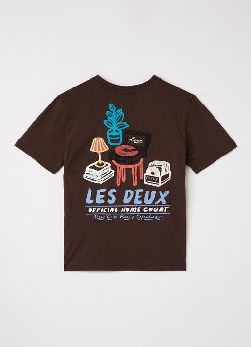 Les Deux T-shirt met logo- en backprint - voorkant 2 bruin