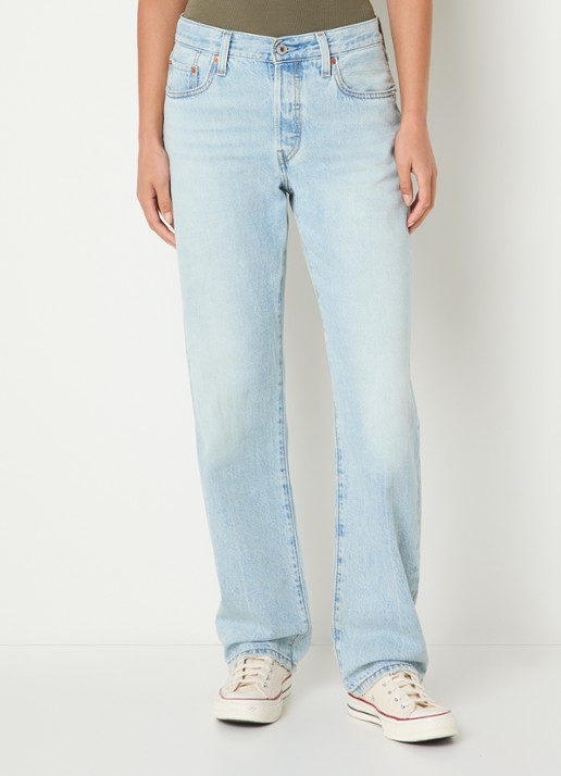 Levi's 501 90s mid waist straight leg jeans met lichte wassing - detail indigo
