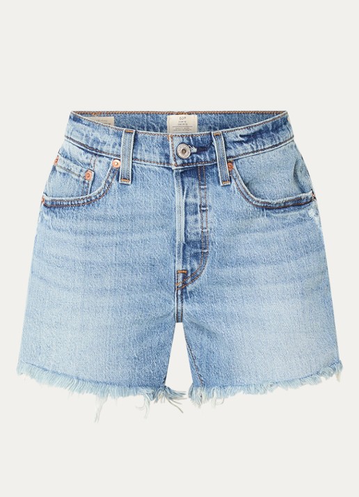 Levi's 501 Curve mid waist straight fit korte broek van denim met destroyed afwerking - voorkant 2 indigo