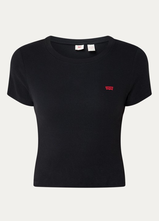 Levi's Cropped T-shirt met ribstructuur en logo - voorkant 2 zwart