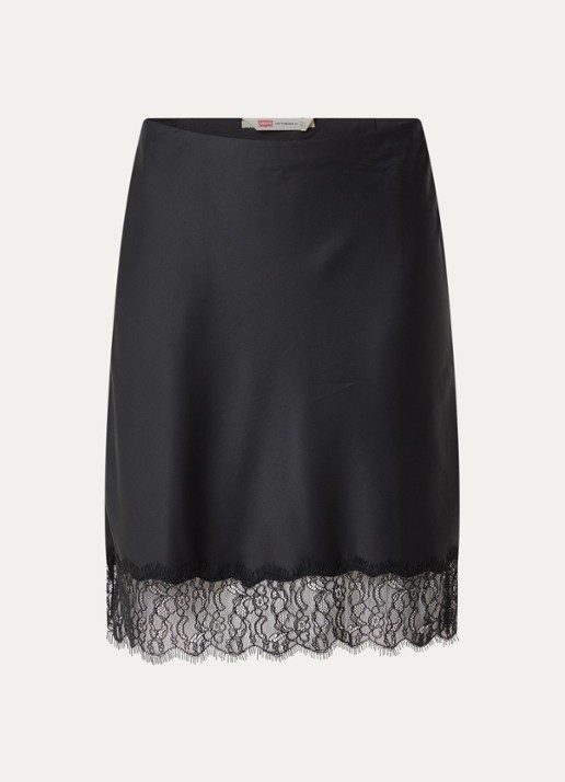 Levi's Lynn midi rok van satijn met details van kant - voorkant zwart